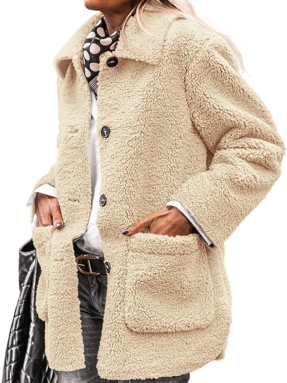 Cozy Cream Teddy Jacket for Women - Button Front Sherpa Coat - Picture 4 of 6